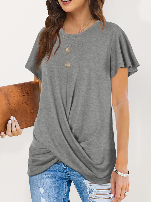 Explosive round neck solid color hem kink short-sleeved T-shirt-[Adult]-[Female]-Grey-S-2022 Online Blue Zone Planet