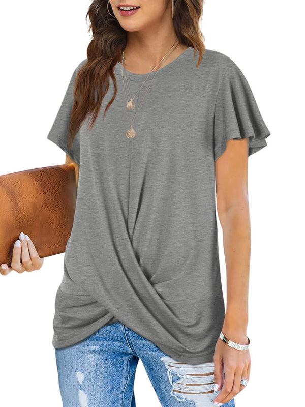 Explosive round neck solid color hem kink short-sleeved T-shirt-[Adult]-[Female]-2022 Online Blue Zone Planet