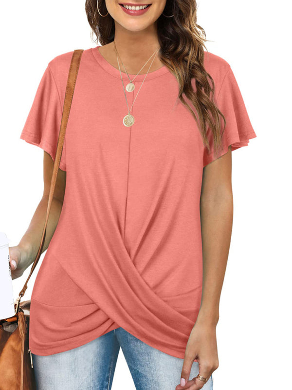 Explosive round neck solid color hem kink short-sleeved T-shirt-[Adult]-[Female]-Pink-S-2022 Online Blue Zone Planet