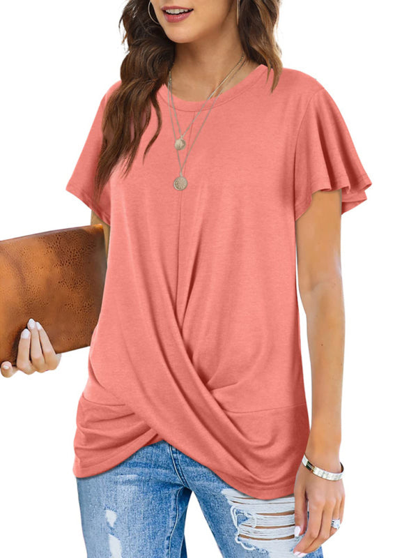 Explosive round neck solid color hem kink short-sleeved T-shirt-[Adult]-[Female]-2022 Online Blue Zone Planet