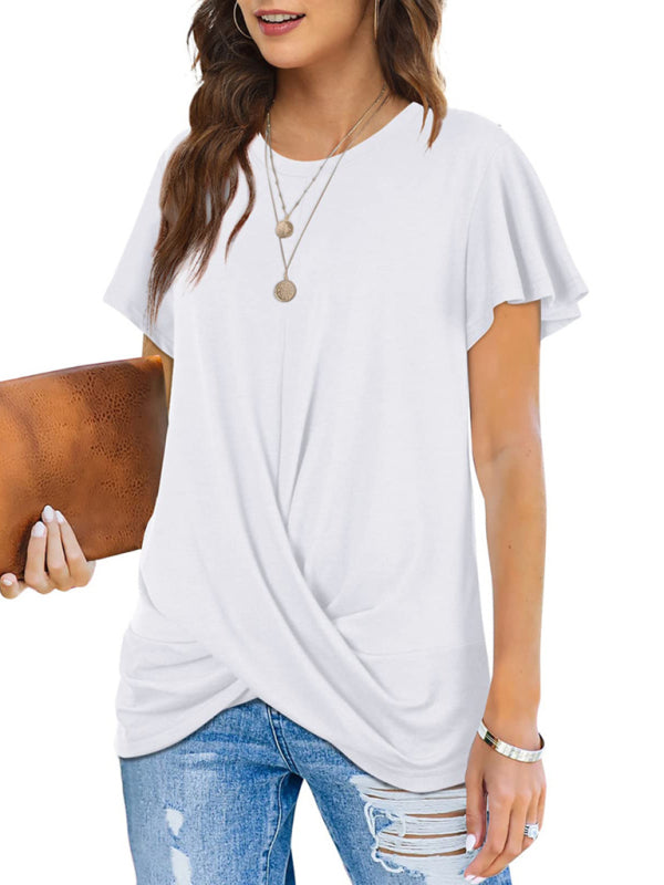 Explosive round neck solid color hem kink short-sleeved T-shirt-[Adult]-[Female]-White-S-2022 Online Blue Zone Planet