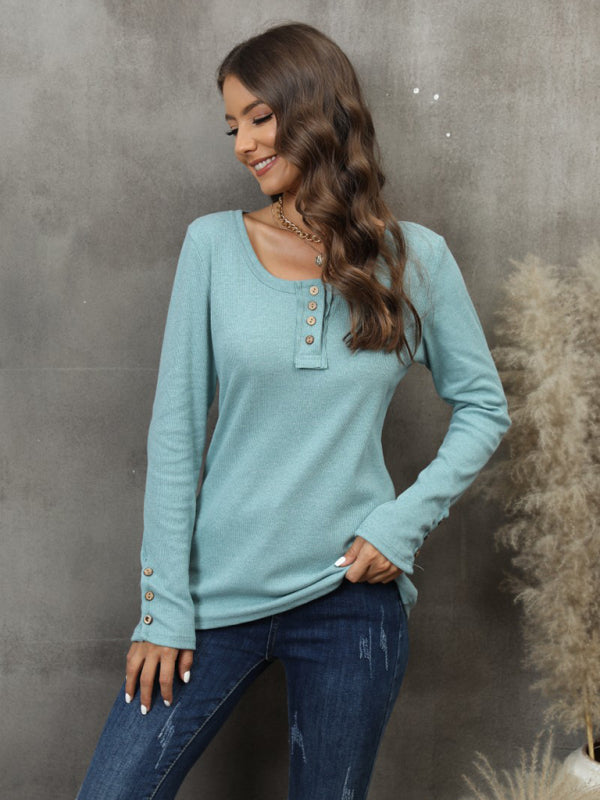 Button Vest Color V-Neck Long Sleeve T-Shirt Top BLUE ZONE PLANET