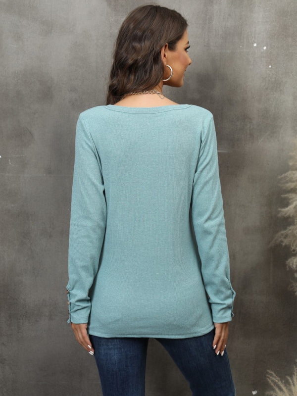 Button Vest Color V-Neck Long Sleeve T-Shirt Top BLUE ZONE PLANET