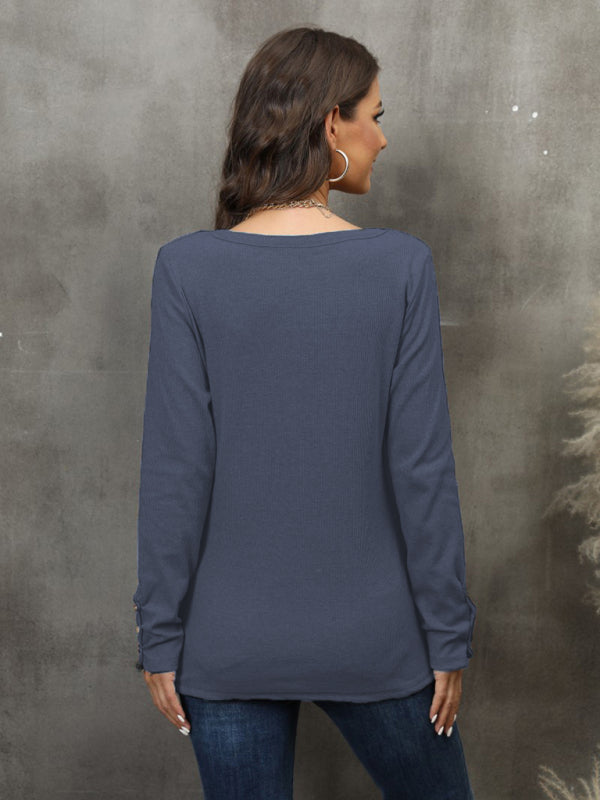 Button Vest Color V-Neck Long Sleeve T-Shirt Top BLUE ZONE PLANET