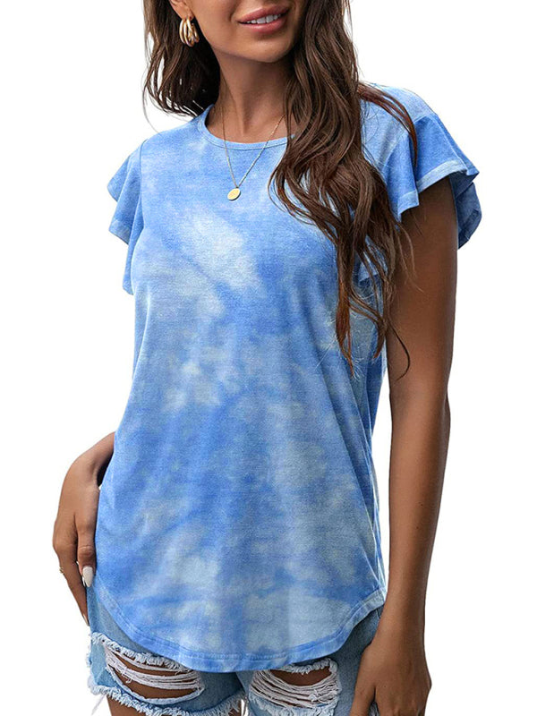 Women's casual round neck printed lotus leaf short-sleeved T-shirt-[Adult]-[Female]-Blue-S-2022 Online Blue Zone Planet