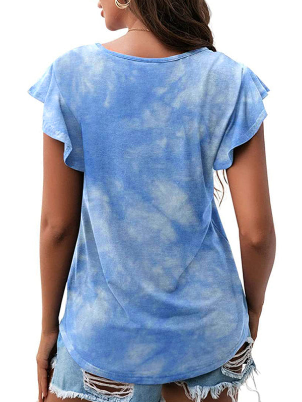 Women's casual round neck printed lotus leaf short-sleeved T-shirt-[Adult]-[Female]-2022 Online Blue Zone Planet