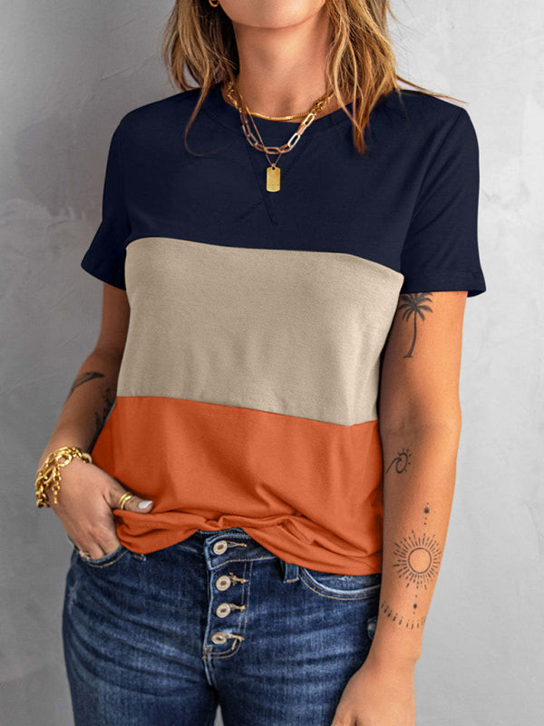 Colorblock Short Sleeve Round Neck T-Shirt-[Adult]-[Female]-2022 Online Blue Zone Planet
