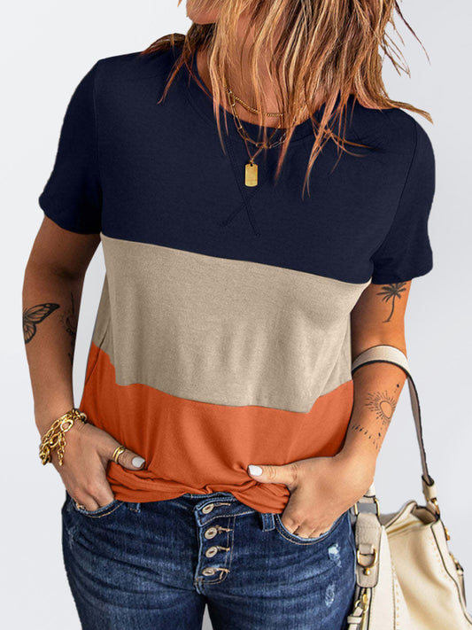 Colorblock Short Sleeve Round Neck T-Shirt-[Adult]-[Female]-Orange-S-2022 Online Blue Zone Planet