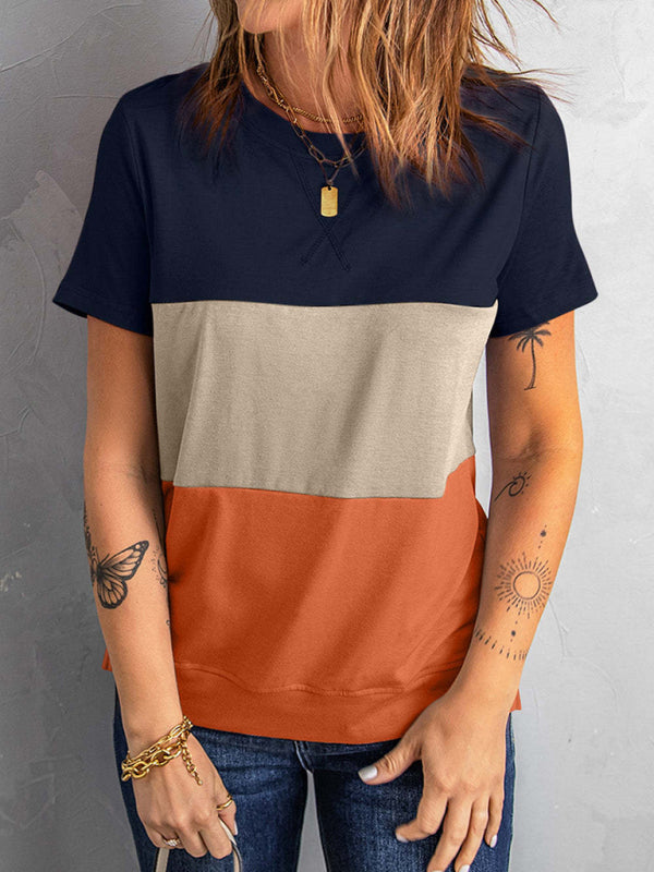 Colorblock Short Sleeve Round Neck T-Shirt-[Adult]-[Female]-2022 Online Blue Zone Planet