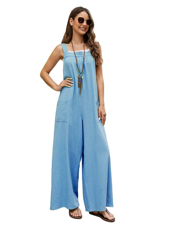 Blue Zone Planet | Woven Loose Patch Pockets Long Overalls BLUE ZONE PLANET