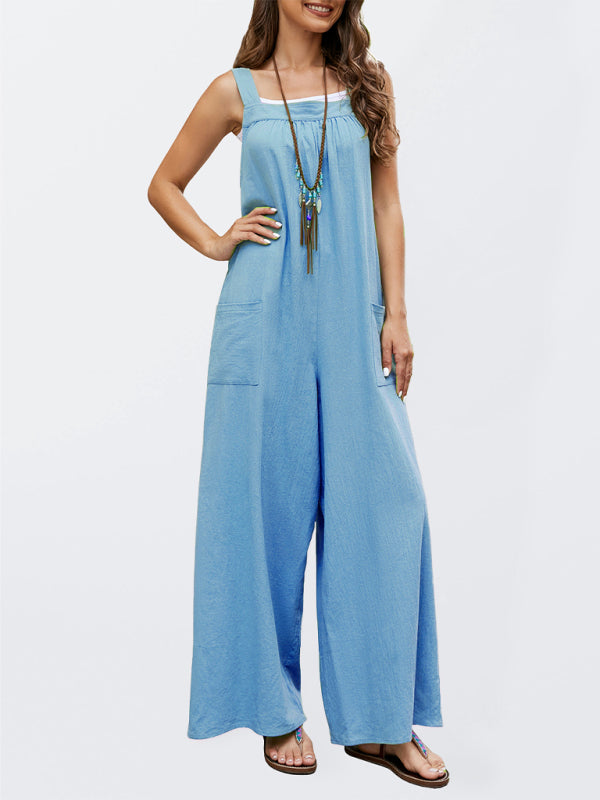 Blue Zone Planet | Woven Loose Patch Pockets Long Overalls BLUE ZONE PLANET