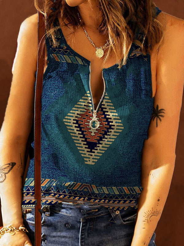 Blue Zone Planet | Knitted Ethnic Western Half Zip Printed Tank Top BLUE ZONE PLANET