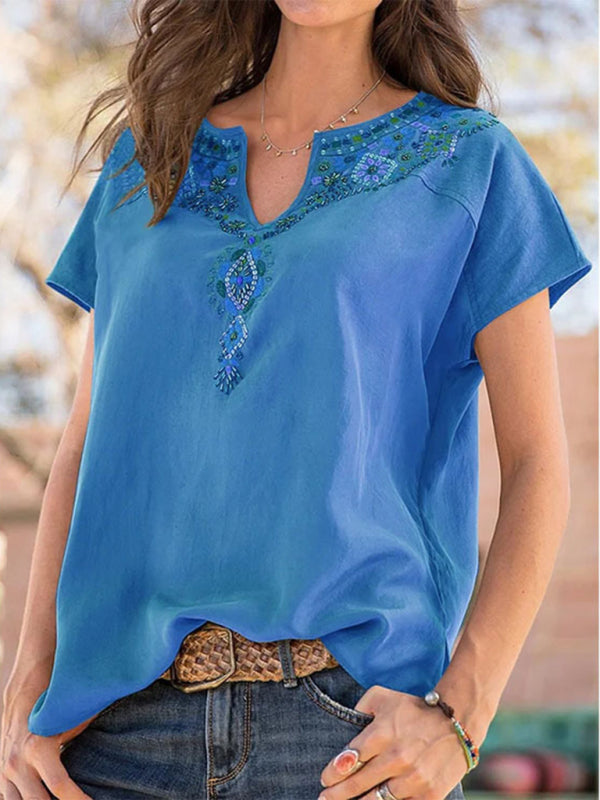 Blue Zone Planet | Woven Western Ethnic Style Loose Short Sleeve Top BLUE ZONE PLANET