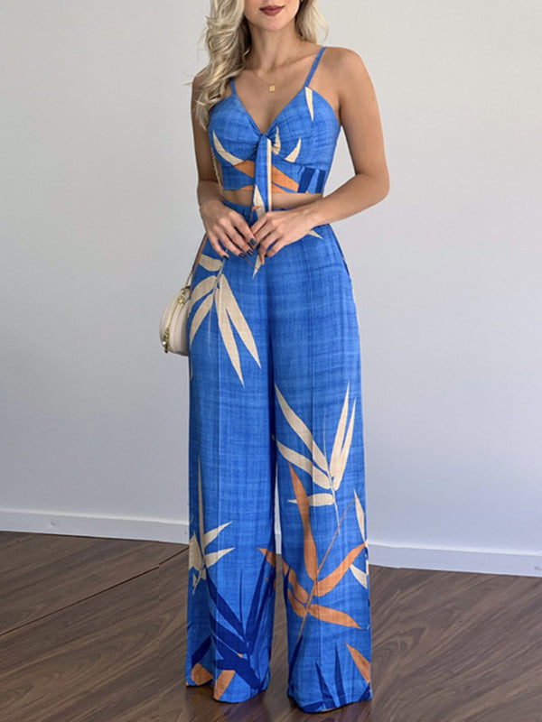 Blue Zone Planet | Linen-like suit V-neck high-waist printed wide-leg pants two-piece set BLUE ZONE PLANET