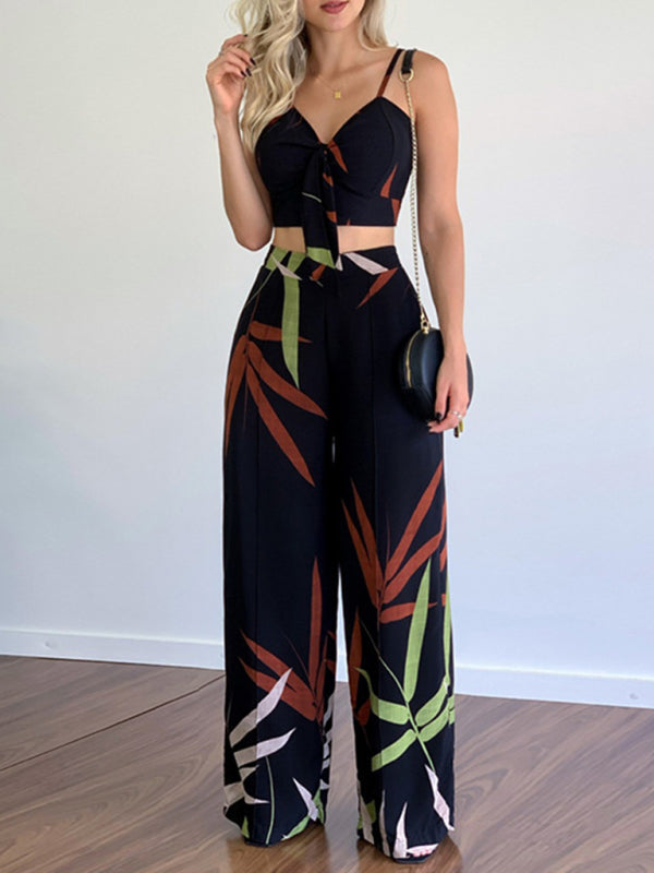 Blue Zone Planet | Linen-like suit V-neck high-waist printed wide-leg pants two-piece set BLUE ZONE PLANET