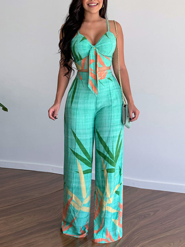 Blue Zone Planet | Linen-like suit V-neck high-waist printed wide-leg pants two-piece set BLUE ZONE PLANET