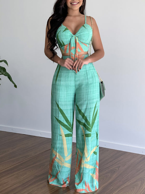 Blue Zone Planet | Linen-like suit V-neck high-waist printed wide-leg pants two-piece set BLUE ZONE PLANET