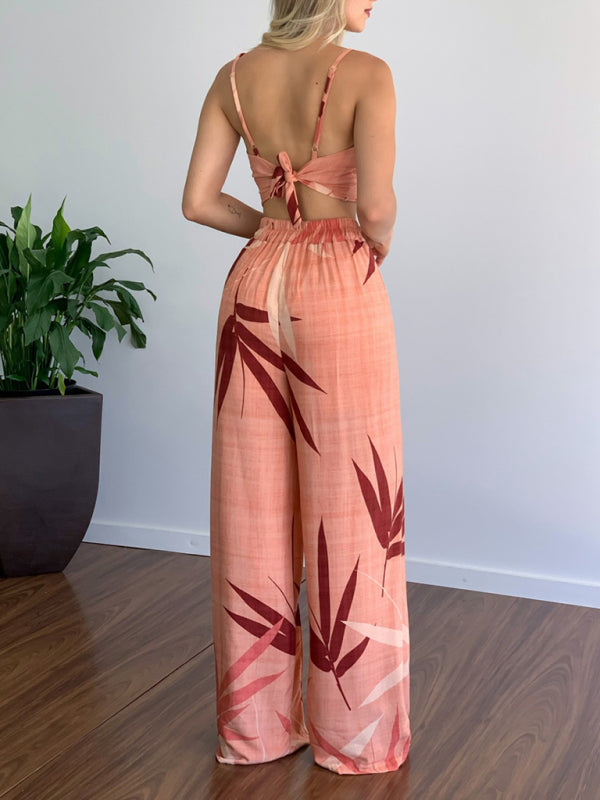 Blue Zone Planet | Linen-like suit V-neck high-waist printed wide-leg pants two-piece set BLUE ZONE PLANET