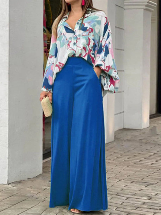 Blue Zone Planet |  Summer loose casual printed shirt top wide-leg pants two-piece set BLUE ZONE PLANET