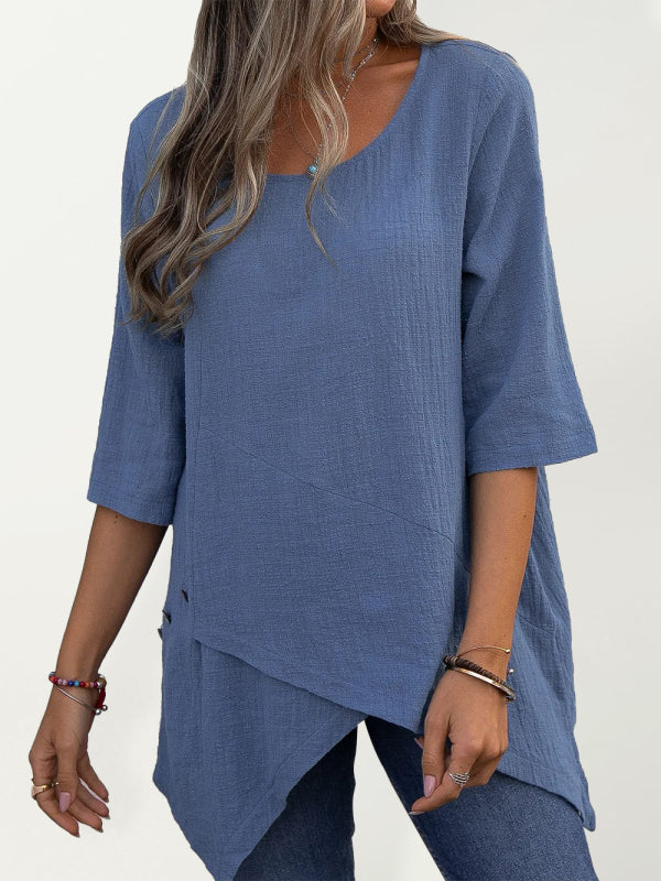 Cotton Linen Round Neck Irregular Shirt Half Sleeve Top-[Adult]-[Female]-2022 Online Blue Zone Planet