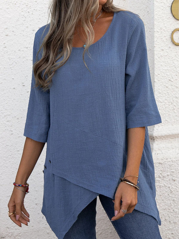 Cotton Linen Round Neck Irregular Shirt Half Sleeve Top-[Adult]-[Female]-Blue-S-2022 Online Blue Zone Planet