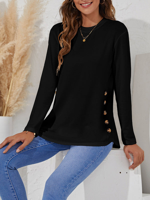 Round Neck Women's Casual Simple Button Long Sleeve T-Shirt-[Adult]-[Female]-2022 Online Blue Zone Planet