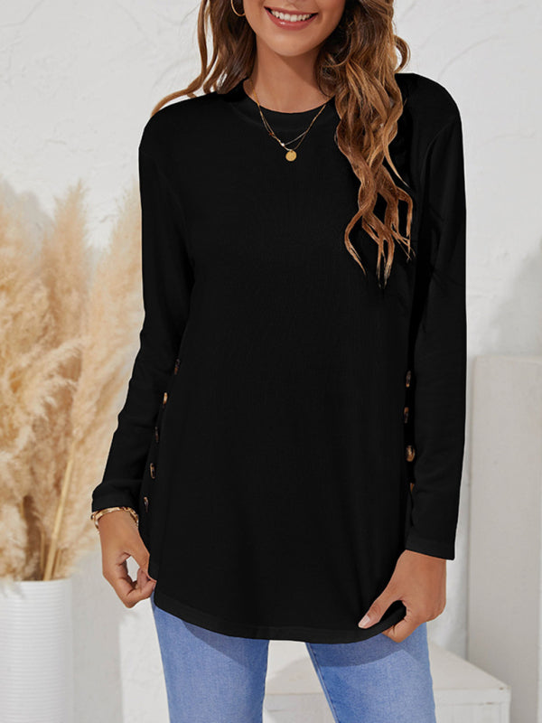 Round Neck Women's Casual Simple Button Long Sleeve T-Shirt-[Adult]-[Female]-Black-S-2022 Online Blue Zone Planet
