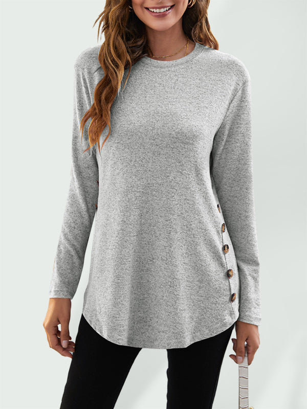 Round Neck Women's Casual Simple Button Long Sleeve T-Shirt-[Adult]-[Female]-Grey-S-2022 Online Blue Zone Planet