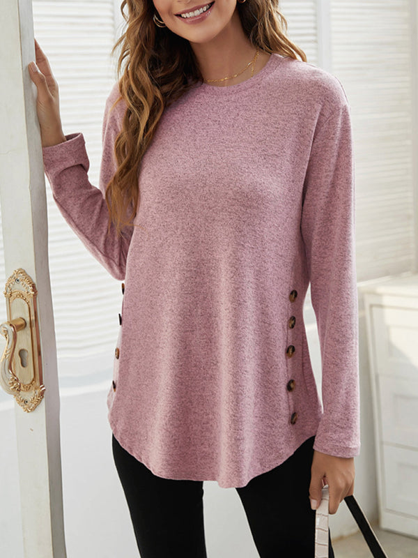 Round Neck Women's Casual Simple Button Long Sleeve T-Shirt-[Adult]-[Female]-Pink-S-2022 Online Blue Zone Planet