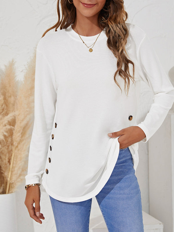 Round Neck Women's Casual Simple Button Long Sleeve T-Shirt-[Adult]-[Female]-White-S-2022 Online Blue Zone Planet