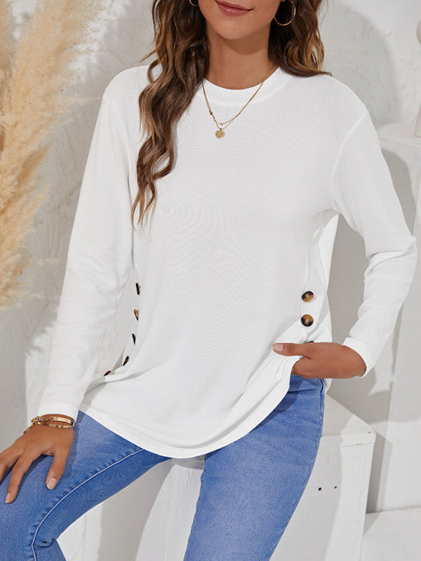 Round Neck Women's Casual Simple Button Long Sleeve T-Shirt-[Adult]-[Female]-2022 Online Blue Zone Planet