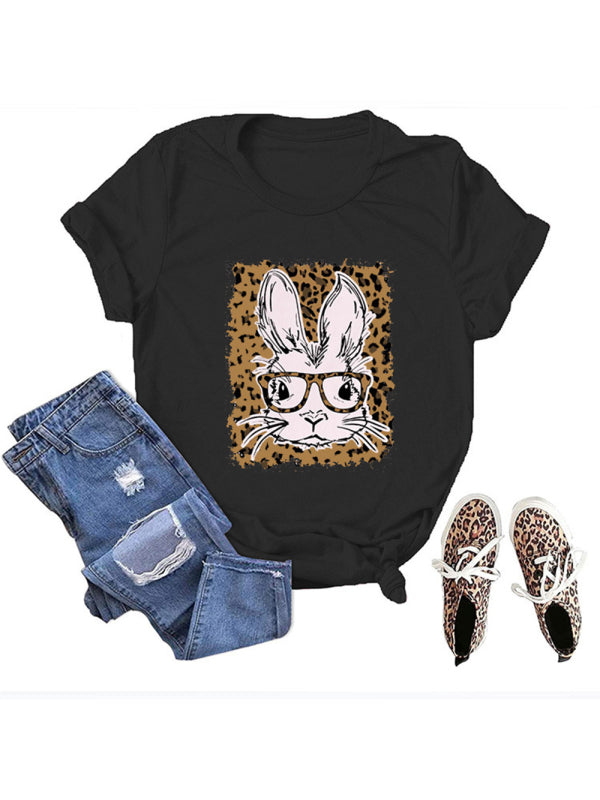 Easter Leopard Bunny Print Casual Short Sleeve T-Shirt-[Adult]-[Female]-Black-S-2022 Online Blue Zone Planet