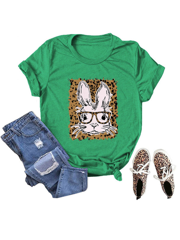 Easter Leopard Bunny Print Casual Short Sleeve T-Shirt-[Adult]-[Female]-Green black jasper-S-2022 Online Blue Zone Planet