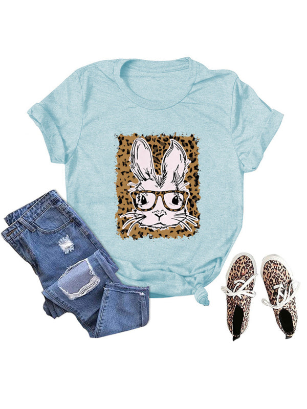 Easter Leopard Bunny Print Casual Short Sleeve T-Shirt-[Adult]-[Female]-Clear blue-S-2022 Online Blue Zone Planet