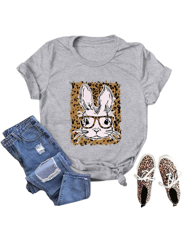 Easter Leopard Bunny Print Casual Short Sleeve T-Shirt-[Adult]-[Female]-Misty grey-S-2022 Online Blue Zone Planet