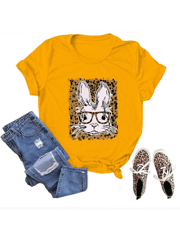 Easter Leopard Bunny Print Casual Short Sleeve T-Shirt-[Adult]-[Female]-Mustard-S-2022 Online Blue Zone Planet