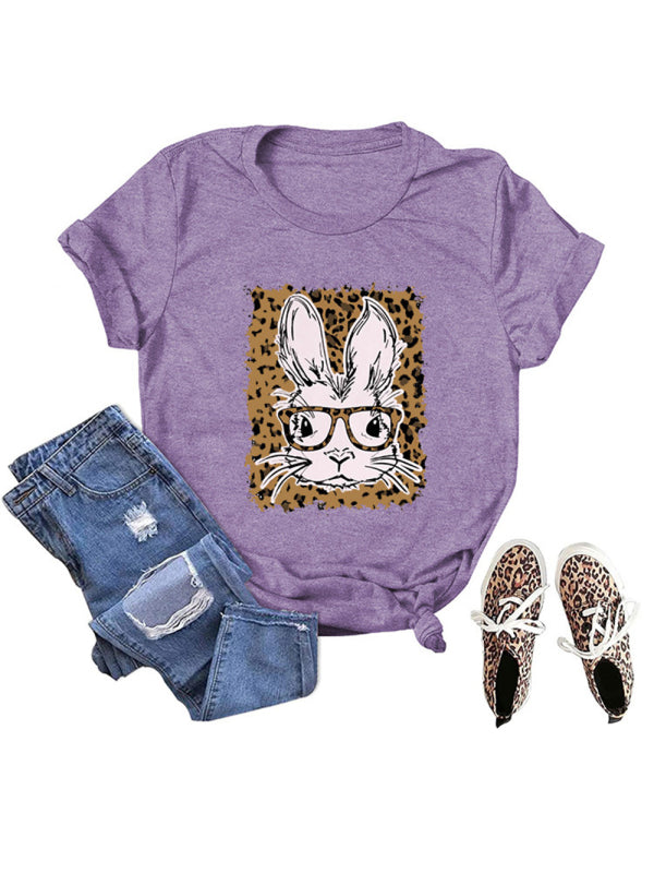 Easter Leopard Bunny Print Casual Short Sleeve T-Shirt-[Adult]-[Female]-Purple-S-2022 Online Blue Zone Planet