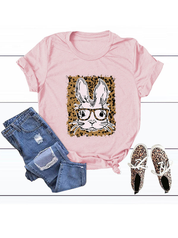 Easter Leopard Bunny Print Casual Short Sleeve T-Shirt-[Adult]-[Female]-2022 Online Blue Zone Planet