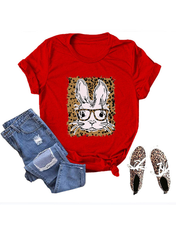 Easter Leopard Bunny Print Casual Short Sleeve T-Shirt-[Adult]-[Female]-Red-S-2022 Online Blue Zone Planet