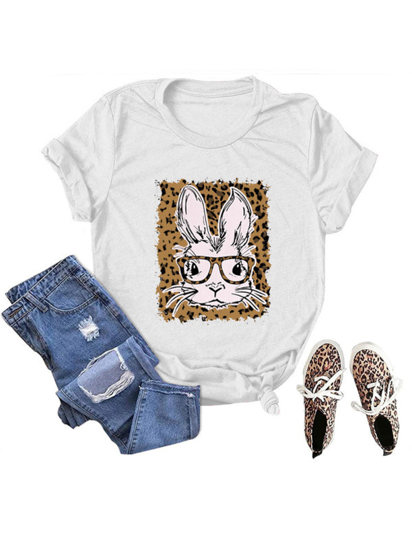 Easter Leopard Bunny Print Casual Short Sleeve T-Shirt-[Adult]-[Female]-White-S-2022 Online Blue Zone Planet