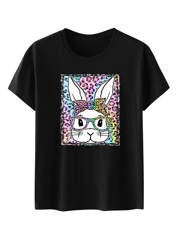 Easter Leopard Bunny Print Short Sleeve T-Shirt-[Adult]-[Female]-2022 Online Blue Zone Planet