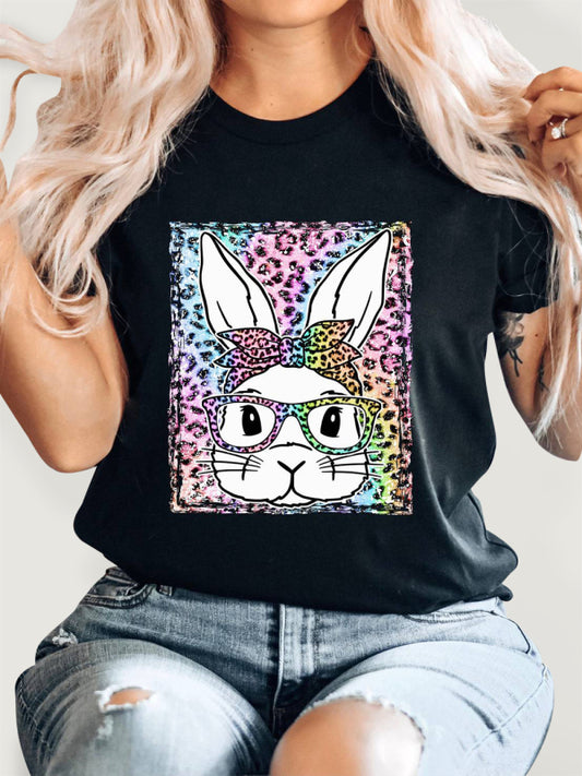 Easter Leopard Bunny Print Short Sleeve T-Shirt-[Adult]-[Female]-Black-S-2022 Online Blue Zone Planet