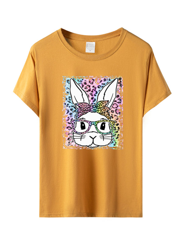 Easter Leopard Bunny Print Short Sleeve T-Shirt-[Adult]-[Female]-Ginger yellow-S-2022 Online Blue Zone Planet