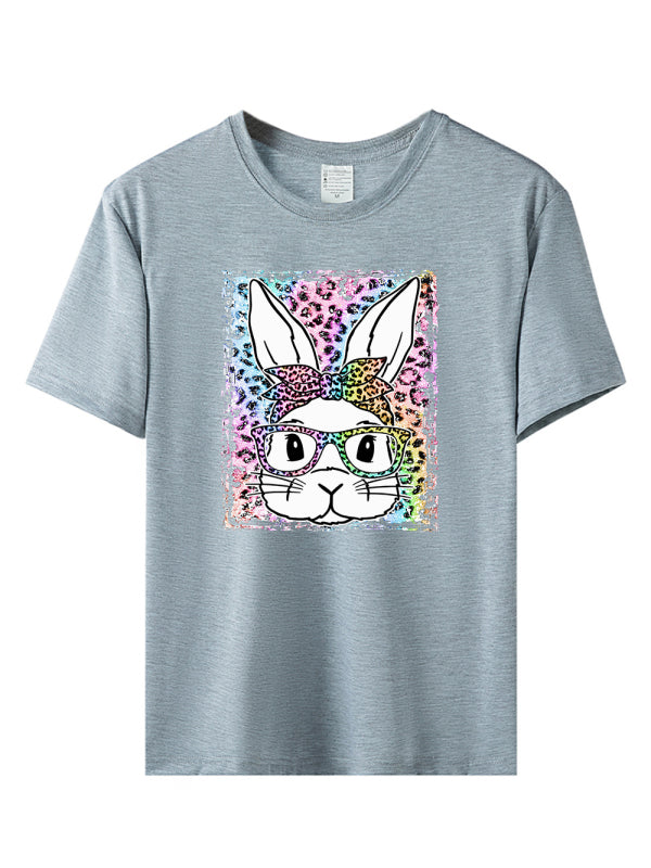 Easter Leopard Bunny Print Short Sleeve T-Shirt-[Adult]-[Female]-Grey-S-2022 Online Blue Zone Planet