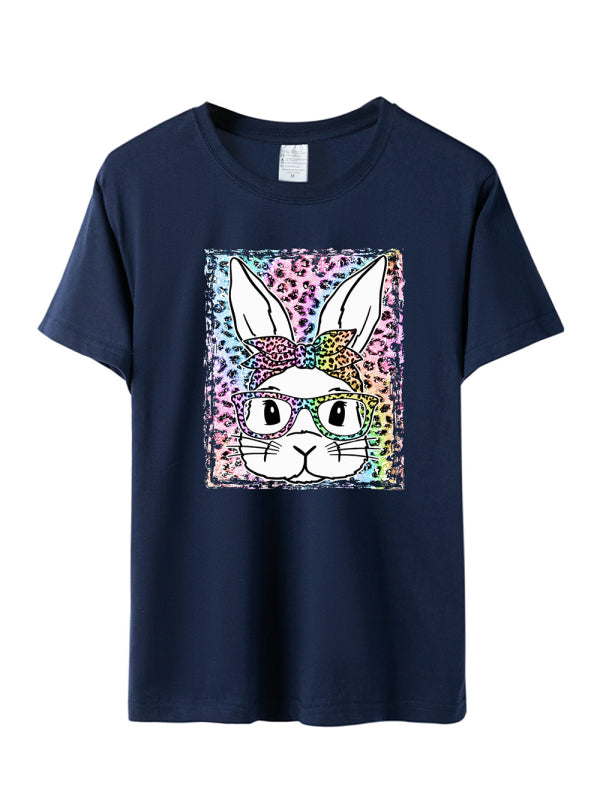 Easter Leopard Bunny Print Short Sleeve T-Shirt-[Adult]-[Female]-Champlain color-S-2022 Online Blue Zone Planet