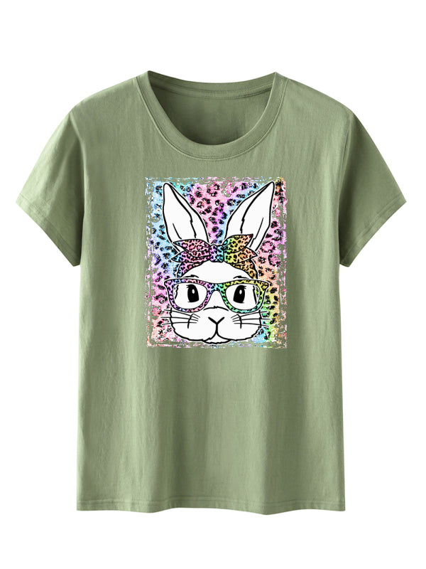Easter Leopard Bunny Print Short Sleeve T-Shirt-[Adult]-[Female]-Pale green-S-2022 Online Blue Zone Planet