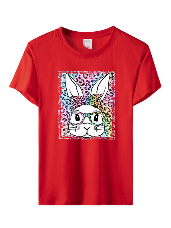 Easter Leopard Bunny Print Short Sleeve T-Shirt-[Adult]-[Female]-Red-S-2022 Online Blue Zone Planet