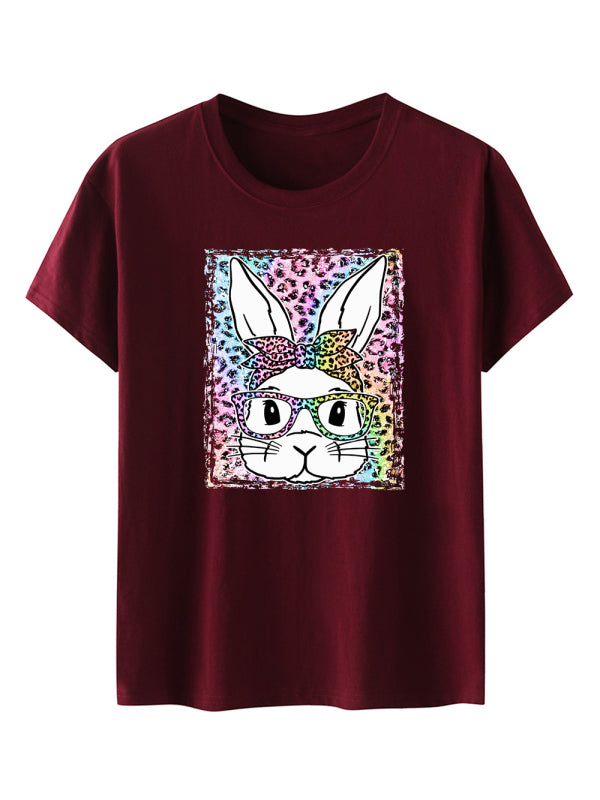 Easter Leopard Bunny Print Short Sleeve T-Shirt-[Adult]-[Female]-Wine Red-S-2022 Online Blue Zone Planet