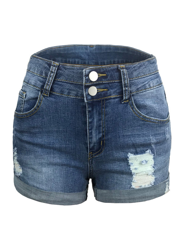 Trendy ripped rolled edge elastic high waist denim shorts women's hot pants-TOPS / DRESSES-[Adult]-[Female]-2022 Online Blue Zone Planet