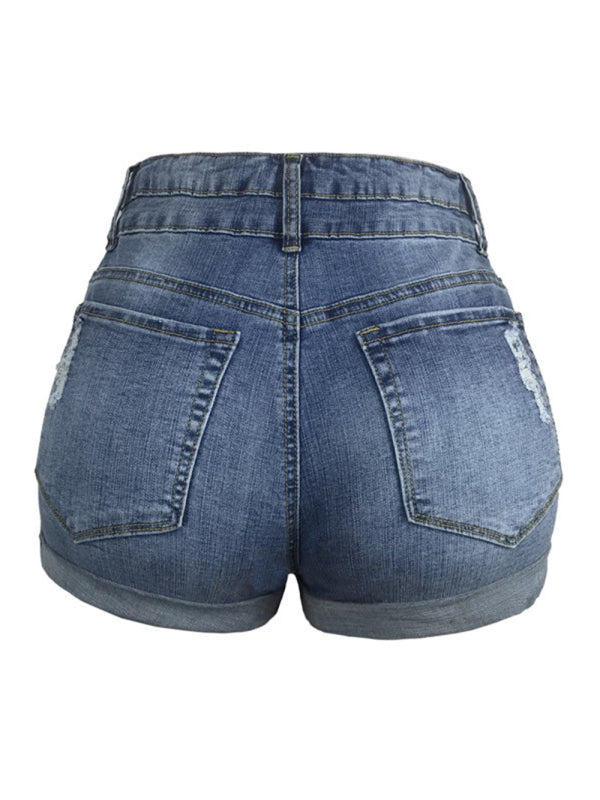 Trendy ripped rolled edge elastic high waist denim shorts women's hot pants-TOPS / DRESSES-[Adult]-[Female]-2022 Online Blue Zone Planet